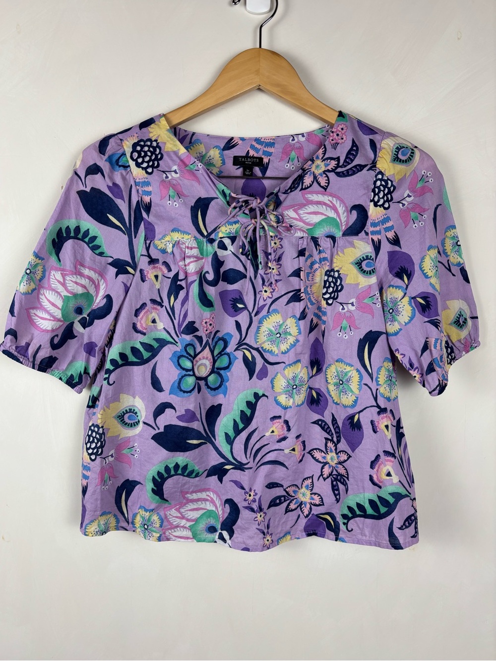 Talbots Petite Purple Short Sleeve Cotton Floral Blouse Small